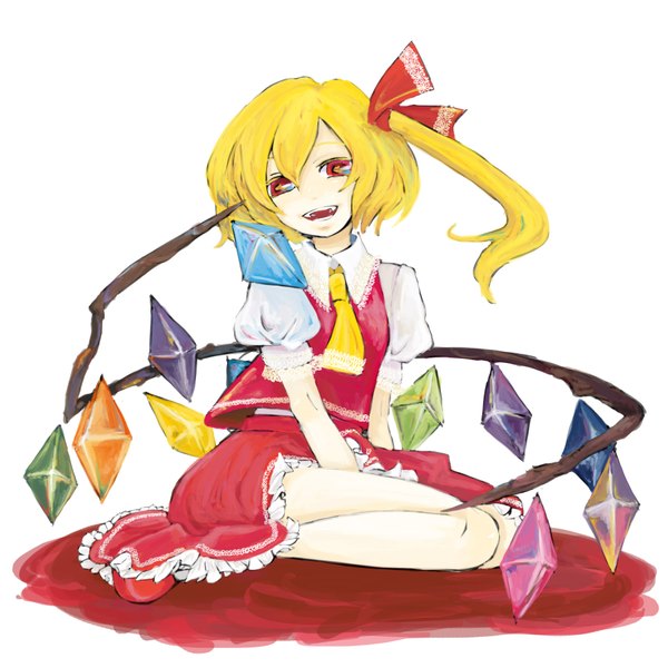 Anime picture 1800x1800 with touhou flandre scarlet kaprice single highres short hair simple background blonde hair smile red eyes white background sitting teeth fang (fangs) one side up girl skirt bow hair bow wings