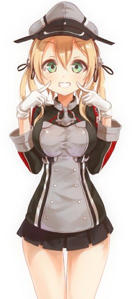 Anime picture 400x900 with kantai collection prinz eugen (kantai collection) pachi (sugiyama0306) single long hair tall image looking at viewer blush fringe breasts smile white background twintails green eyes pleated skirt teeth low twintails pointing cheek poke girl