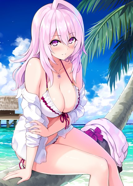 Anime picture 715x1000 with cu-no yayoi sakura hisenkaede single long hair tall image looking at viewer blush fringe breasts light erotic hair between eyes large breasts sitting pink hair sky cloud (clouds) pink eyes arm support beach