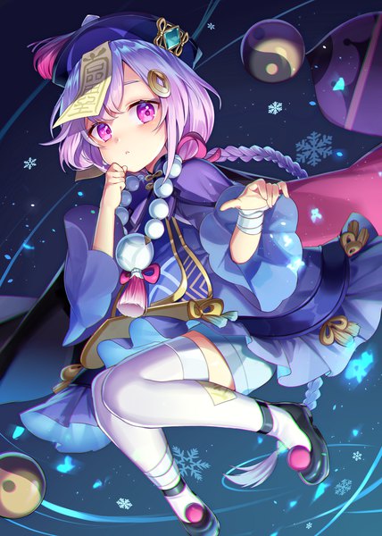 Anime picture 1771x2480 with genshin impact qiqi (genshin impact) ion (on01e) single tall image highres purple eyes looking away purple hair full body braid (braids) very long hair traditional clothes single braid chinese clothes hand to mouth yin yang girl thighhighs hat