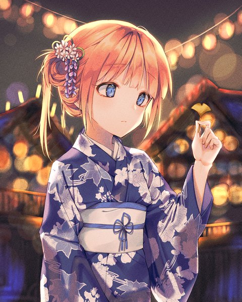 Anime picture 1200x1500 with original cha chya single tall image blue eyes holding looking away upper body traditional clothes japanese clothes orange hair girl hair ornament kimono leaf (leaves) obi kanzashi ginkgo