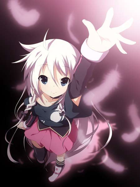 Anime picture 1200x1600 with vocaloid ia (vocaloid) yuzuki kei single long hair tall image blue eyes white hair braid (braids) arms up twin braids girl thighhighs skirt black thighhighs miniskirt feather (feathers) pink skirt