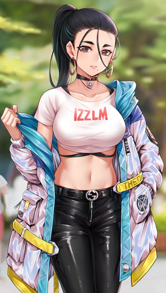 Anime picture 1421x2508 with original hua-j single long hair tall image looking at viewer fringe breasts black hair hair between eyes large breasts standing brown eyes ponytail long sleeves parted lips multicolored hair blurry off shoulder mole