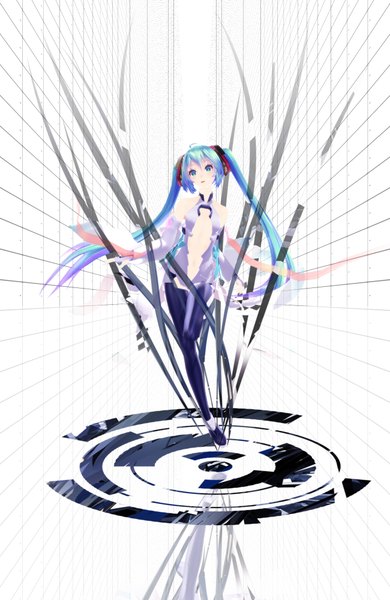 Anime picture 1300x2000 with vocaloid vocaloid append hatsune miku hatsune miku (append) yunagi (ektyr y) single long hair tall image open mouth bare shoulders looking away cleavage aqua eyes aqua hair reflection 3d mikumikudance girl detached sleeves bridal gauntlets