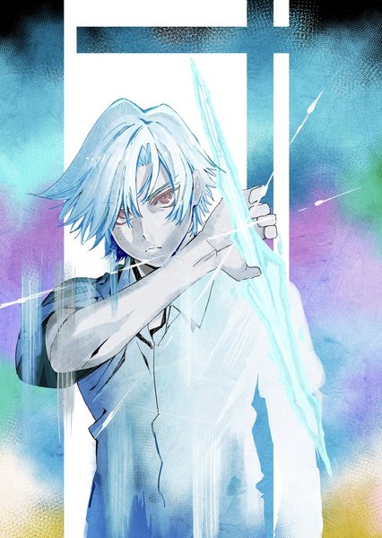 Anime picture 1193x1681 with hyouken no majutsushi ga sekai wo suberu ray white 22461016a single tall image looking at viewer fringe short hair red eyes holding upper body grey hair hair over one eye official art short sleeves magic glowing boy shirt