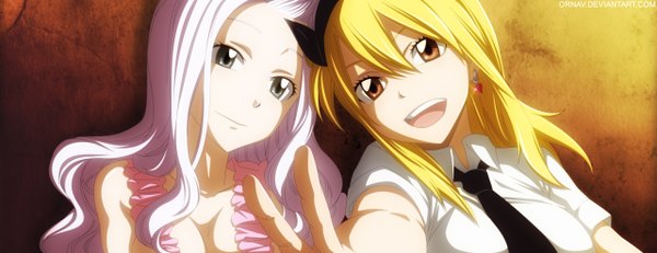 Anime picture 2560x988 with fairy tail lucy heartfilia mirajane strauss ornav long hair highres open mouth blonde hair smile wide image multiple girls brown eyes white hair grey eyes coloring victory light girl bow 2 girls