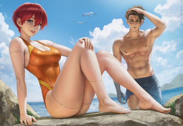 Anime picture 1308x900 with original sciamano240 looking at viewer fringe short hair breasts blue eyes light erotic smile hair between eyes brown hair sitting cleavage ass red hair parted lips barefoot arm up lips beach