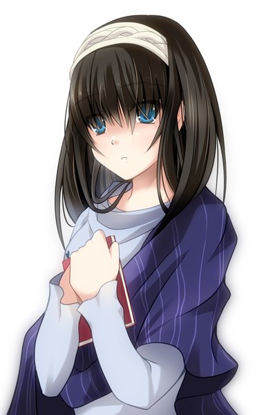 Anime picture 2552x3974 with idolmaster idolmaster cinderella girls sagisawa fumika guatemala (artist) single long hair tall image looking at viewer highres blue eyes black hair simple background white background hair over eyes girl dress hairband book (books)