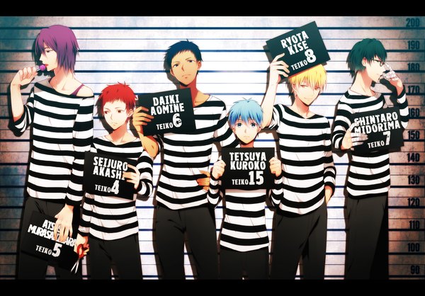 Anime picture 1180x823 with kuroko no basket production i.g kuroko tetsuya kise ryouta aomine daiki akashi seijuurou midorima shintarou murasakibara atsushi bahiyama looking at viewer fringe short hair blue eyes black hair blonde hair smile hair between eyes red eyes standing purple eyes