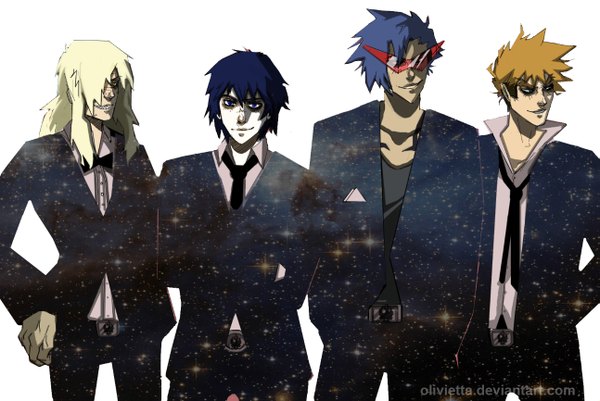 Anime picture 1293x865 with tengen toppa gurren lagann gainax simon kamina viral kittan long hair fringe short hair blue eyes simple background blonde hair white background yellow eyes blue hair hair over one eye inscription multiple boys open collar boy