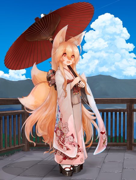 Anime picture 1231x1635 with original hachachi single tall image looking at viewer blush fringe open mouth blonde hair smile hair between eyes standing animal ears payot sky cloud (clouds) full body ahoge outdoors tail