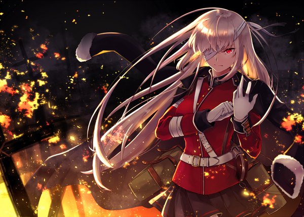 Anime-Bild 1057x757 mit fate (series) fate/grand order florence nightingale (fate) itsumi mita single long hair looking at viewer fringe hair between eyes red eyes standing pink hair pleated skirt wind dark background serious clothes on shoulders adjusting clothes bandage over one eye adjusting gloves