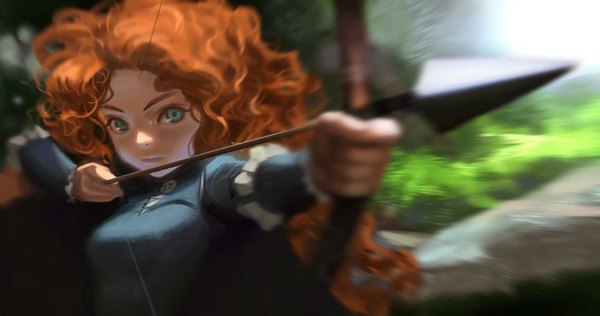 Anime picture 1000x528 with brave disney merida sunkist single long hair looking at viewer blue eyes wide image holding orange hair wavy hair close-up girl weapon bow (weapon) arrow (arrows)