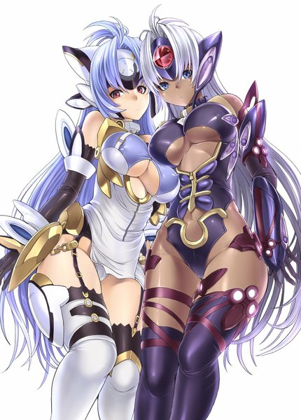 Anime picture 840x1171 with xenosaga monolith software kos-mos t-elos hakaba (dairiseki) long hair tall image looking at viewer breasts blue eyes light erotic red eyes large breasts multiple girls blue hair silver hair dark skin girl thighhighs gloves