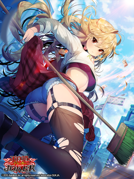 Anime picture 600x800 with joker ~gang road~ sorolp single long hair tall image looking at viewer blush fringe breasts light erotic blonde hair hair between eyes red eyes large breasts holding sky cloud (clouds) ahoge ass long sleeves