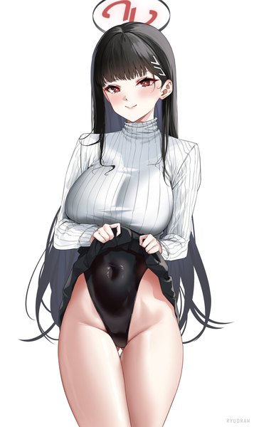 Anime picture 1400x2350 with blue archive rio (blue archive) ryudraw single long hair tall image looking at viewer blush fringe breasts light erotic black hair simple background red eyes large breasts standing white background blunt bangs long sleeves thigh gap