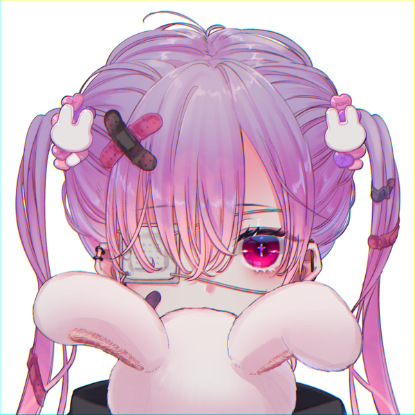 Anime picture 1500x1500 with original tendosora single long hair looking at viewer blush fringe simple background hair between eyes white background twintails purple hair upper body pink eyes piercing symbol-shaped pupils ear piercing covered mouth girl hair ornament