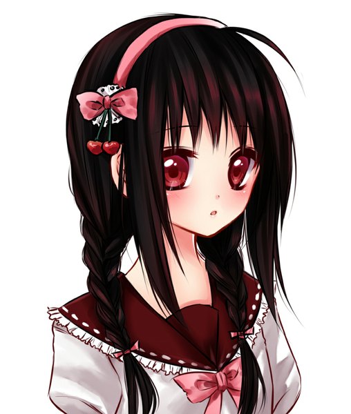 Anime picture 847x1000 with original nami (nyaa) long hair tall image looking at viewer blush open mouth black hair simple background white background braid (braids) girl bow hair bow hairband