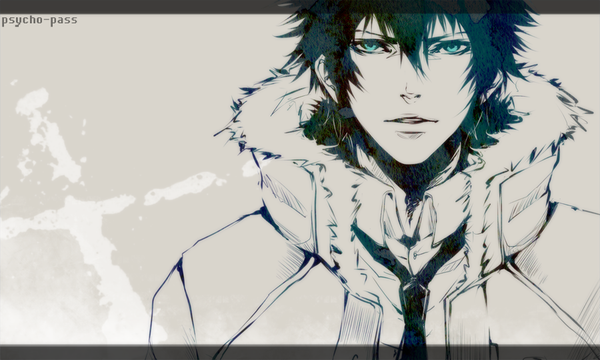 Anime picture 900x540 with psycho-pass production i.g kougami shin'ya saito yukihiro single looking at viewer fringe short hair blue eyes black hair simple background hair between eyes wide image upper body parted lips grey background open jacket copyright name fur trim monochrome