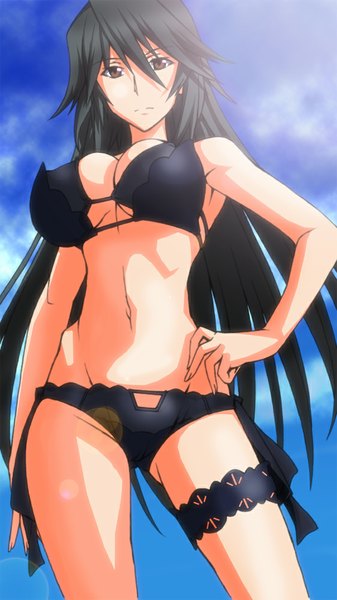 Anime picture 562x1000 with infinite stratos 8bit orimura chifuyu wamwam single long hair tall image looking at viewer fringe breasts light erotic black hair large breasts standing brown eyes sky cloud (clouds) fingernails blurry from below