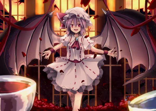 Anime picture 1400x1000 with touhou remilia scarlet single fringe short hair open mouth smile red eyes purple hair spread arms demon wings vampire girl dress hat petals wings blood