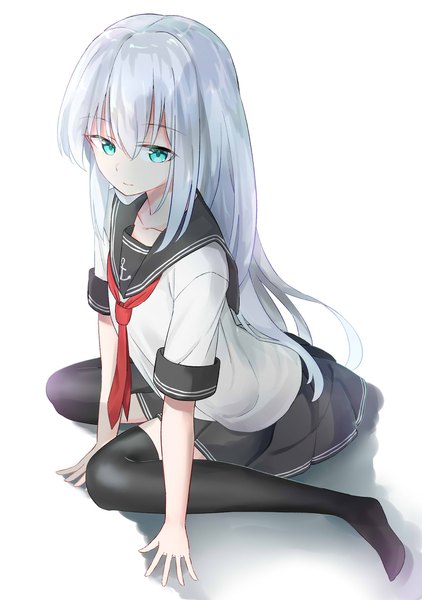 Anime picture 1440x2048 with kantai collection hibiki destroyer 100% single long hair tall image looking at viewer fringe simple background hair between eyes white background sitting payot silver hair full body pleated skirt aqua eyes short sleeves no shoes zettai ryouiki