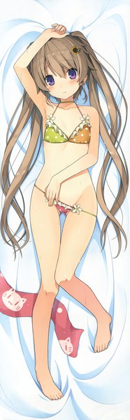 Anime picture 2301x7410 with ao no kanata no four rhythm sprite (company) arisaka mashiro akinashi yuu single long hair tall image looking at viewer blush highres light erotic brown hair purple eyes twintails scan flat chest ass visible through thighs hand on head dakimakura (medium) bikini pull