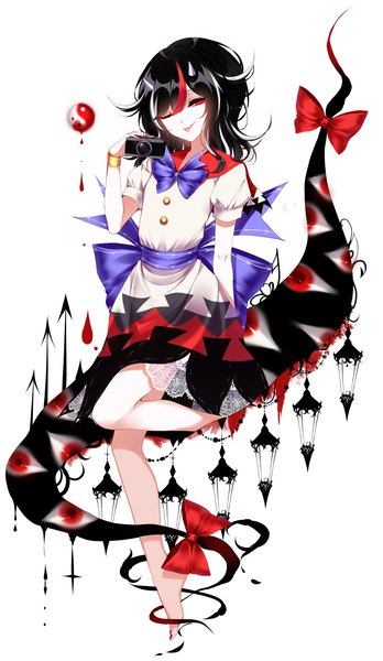 Anime picture 2000x3450 with touhou kijin seija sheya single tall image looking at viewer highres short hair black hair simple background red eyes white background full body one eye closed multicolored hair barefoot horn (horns) streaked hair :p yin yang