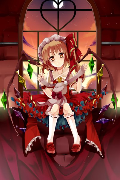 Anime picture 1480x2210 with touhou flandre scarlet kurabayashi single tall image short hair blonde hair red eyes loli girl dress wings window moon toy stuffed animal bonnet crystal bunny