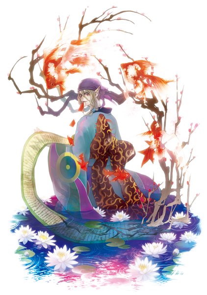 Anime picture 1500x2131 with mononoke toei animation kusuriuri (mononoke) doemu single tall image blue eyes blonde hair japanese clothes looking back pointy ears mouth hold facial mark boy bow plant (plants) tree (trees) water fish (fishes) branch