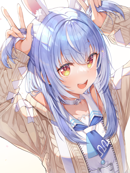 Anime picture 3000x4000 with virtual youtuber hololive usada pekora usada pekora (casual) misyune single long hair tall image looking at viewer fringe highres open mouth simple background hair between eyes white background animal ears yellow eyes blue hair upper body :d
