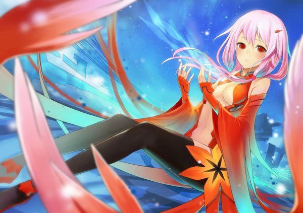 Anime picture 1024x723 with guilty crown production i.g yuzuriha inori ichiko oharu (artist) single long hair blush breasts light erotic red eyes bare shoulders pink hair parted lips center opening girl thighhighs navel hair ornament black thighhighs detached sleeves