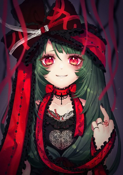 Anime picture 1000x1414 with touhou kagiyama hina kyouda suzuka single long hair tall image looking at viewer blush fringe simple background smile hair between eyes red eyes standing upper body nail polish parted lips fingernails green hair alternate eye color