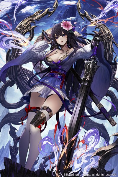 Anime picture 666x1000 with age of ishtaria wanke single long hair tall image fringe breasts blue eyes light erotic black hair hair between eyes standing looking away cleavage hair flower tattoo mountain serious girl thighhighs