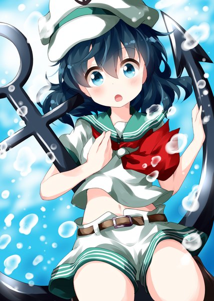 Anime picture 1000x1400 with touhou murasa minamitsu ruu (tksymkw) single tall image looking at viewer blush fringe short hair open mouth blue eyes black hair hair between eyes :o girl hat shorts belt bubble (bubbles) sailor suit