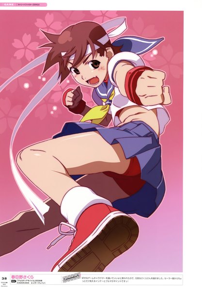Anime picture 4841x6960 with street fighter capcom watanabe akio - poyoyon rock characters (artbook) kasugano sakura watanabe akio single tall image looking at viewer highres short hair open mouth light erotic brown hair brown eyes absurdres pleated skirt scan copyright name soles pink background