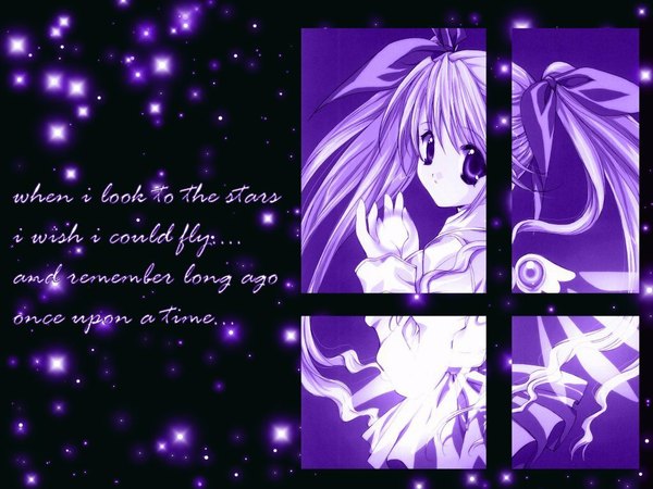 Anime picture 1024x768 with angel/dust angel/dust neo haga musia nanase aoi cloudcherry single long hair looking at viewer twintails wallpaper text monochrome third-party edit girl skirt wings