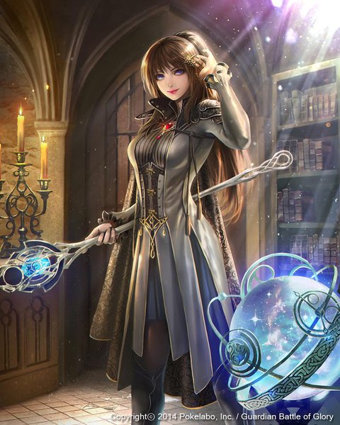 Anime picture 700x875 with guardian battle of glory axial eudia (serenity2200) single long hair tall image looking at viewer fringe breasts blue eyes brown hair standing holding payot ponytail indoors long sleeves light smile sunlight official art
