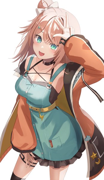 Anime picture 2881x4961 with virtual youtuber nijisanji igarashi rika takechi49 single tall image looking at viewer blush fringe highres short hair open mouth simple background blonde hair smile hair between eyes white background :d aqua eyes off shoulder