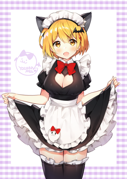 Anime picture 1000x1409 with virtual youtuber hololive yozora mel ayami (annahibi) single tall image looking at viewer blush fringe short hair breasts open mouth light erotic simple background blonde hair hair between eyes large breasts yellow eyes cleavage maid