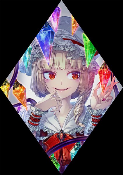 Anime picture 705x1000 with touhou flandre scarlet zounose single tall image fringe short hair blonde hair smile red eyes looking away blunt bangs fang (fangs) one side up drill hair portrait slit pupils hand to mouth smirk girl
