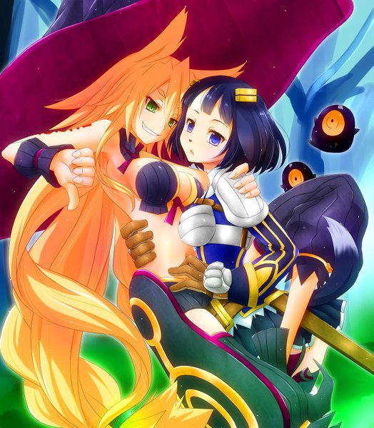 Anime picture 1311x1500 with majo to hyakkihei metallica (swamp witch) watarui tall image short hair blue eyes light erotic smile multiple girls green eyes blue hair very long hair orange hair girl 2 girls