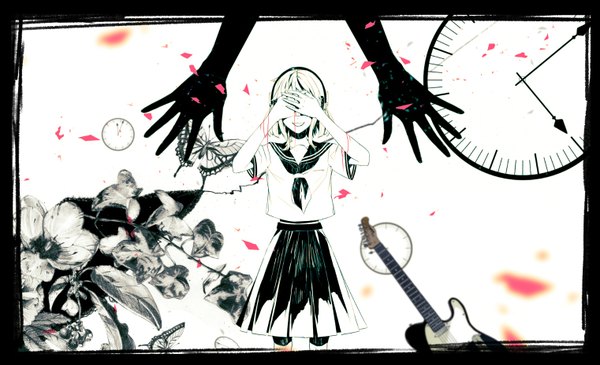 Anime picture 1521x927 with vocaloid gumi vient single fringe short hair smile wide image monochrome girl skirt uniform flower (flowers) school uniform shirt headphones insect butterfly clock guitar