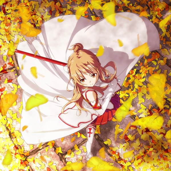 Anime picture 1500x1500 with sword art online a-1 pictures yuuki asuna teralimit (artist) single long hair brown hair brown eyes autumn girl thighhighs weapon detached sleeves white thighhighs sword leaf (leaves) cloak autumn leaves ginkgo