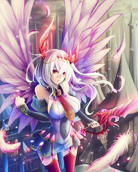 Anime picture 800x1000 with original mila (artist) single long hair tall image looking at viewer fringe breasts light erotic red eyes large breasts standing holding sky cloud (clouds) outdoors white hair wind city cityscape