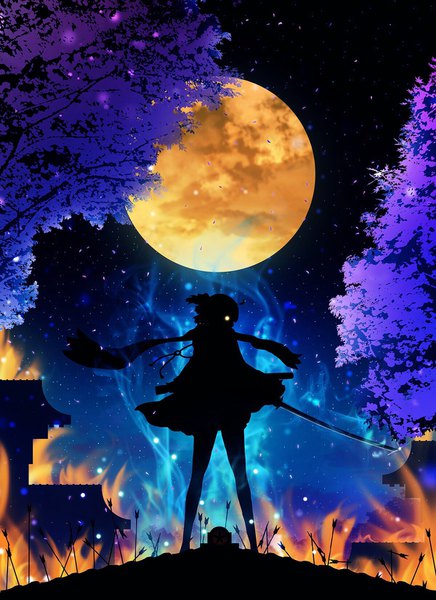 Anime picture 1200x1651 with fate (series) koha-ace okita souji (fate) (all) okita souji (koha-ace) harada miyuki single tall image standing full body ahoge profile night night sky magic silhouette aura girl weapon plant (plants) sword