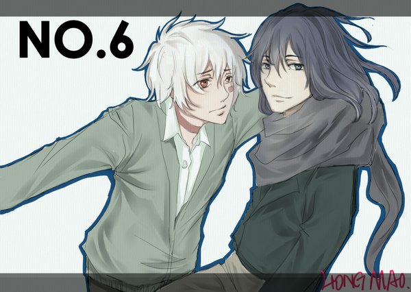 Anime picture 1772x1260 with no.6 studio bones nezumi (no.6) shion (no.6) hongmao single highres short hair black hair red eyes white background white hair black eyes inscription facial mark boy scarf sweater