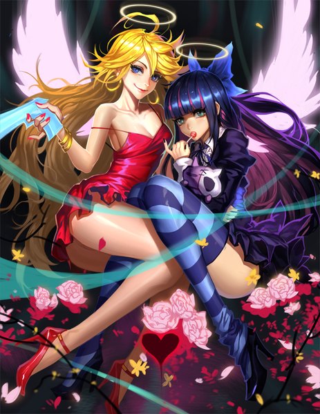 Anime picture 709x917 with panty & stocking with garterbelt anarchy stocking anarchy panty dingdian-baopo long hair tall image looking at viewer fringe blue eyes light erotic blonde hair smile hair between eyes bare shoulders multiple girls holding pink hair cleavage purple hair full body