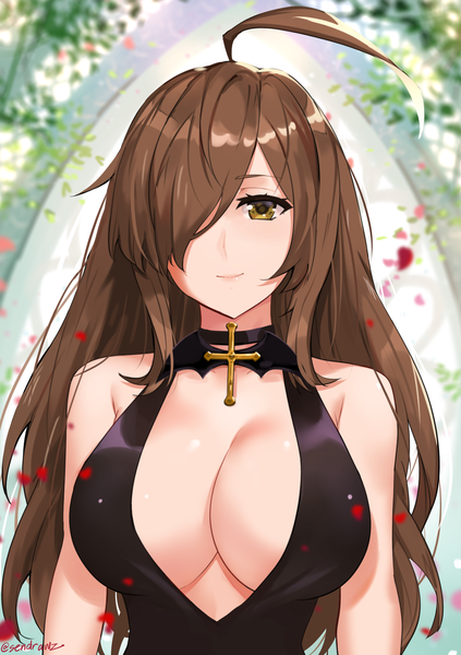 Anime picture 1636x2323 with kono subarashii sekai ni shukufuku wo! studio deen wiz (konosuba) sendrawz single long hair tall image looking at viewer fringe breasts light erotic smile brown hair large breasts bare shoulders signed yellow eyes payot cleavage ahoge