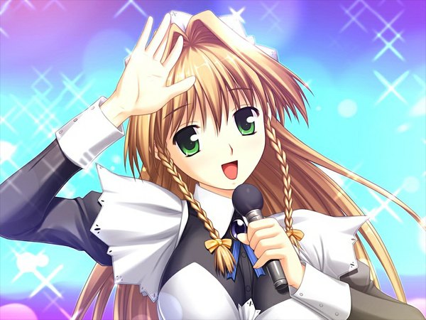 Anime picture 1024x768 with kimi ga aruji de shitsuji ga ore de uesugi mihato long hair open mouth blonde hair green eyes game cg maid girl microphone